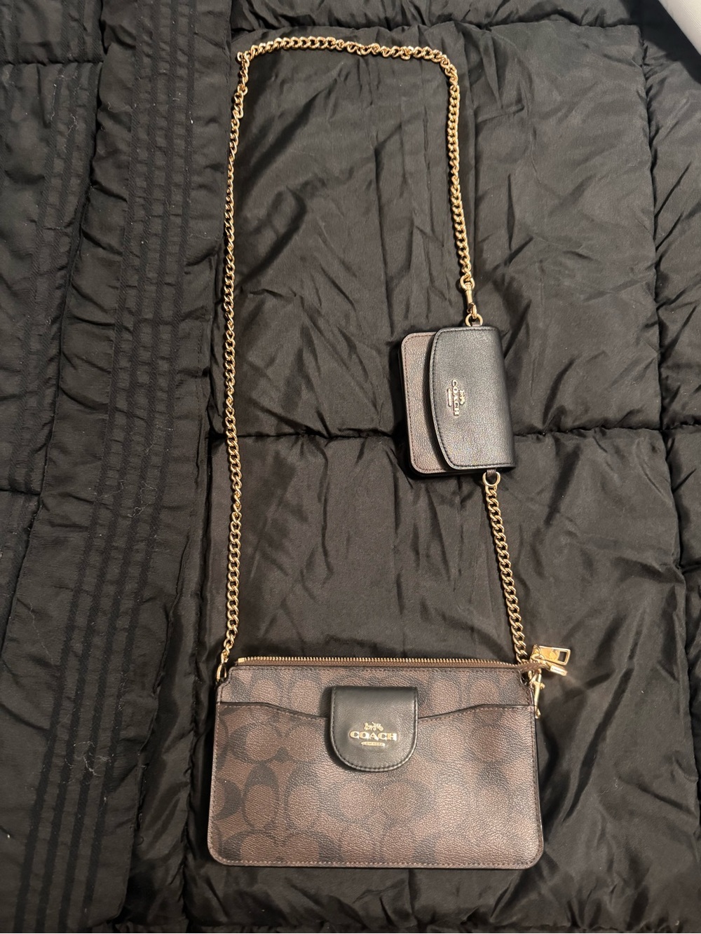Coach Brown Signature Crossbody with Gold Chain and Card Case